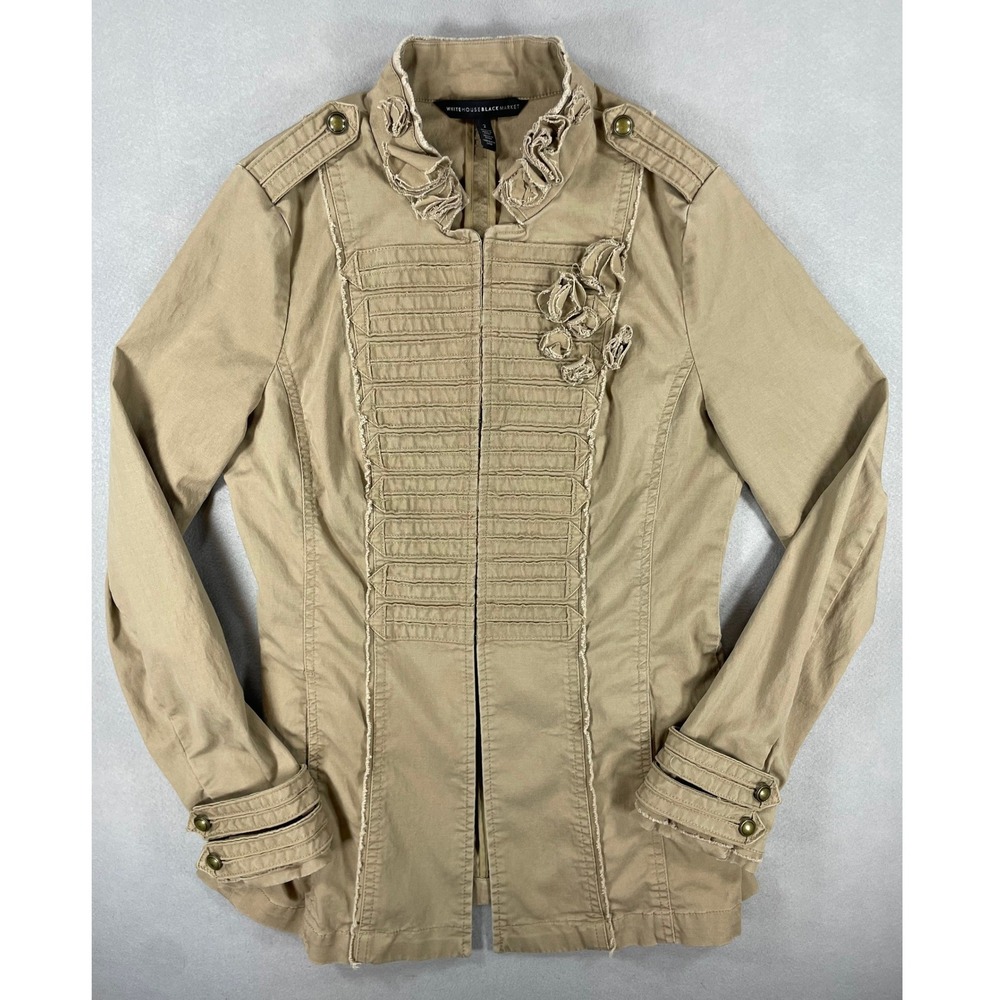 White House Black Market Womens Y2K Tan High Neck Ruffle Military Jacket Size 2